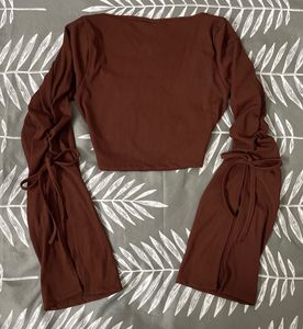 Brown Long Sleeve Tie Detail Crop Top