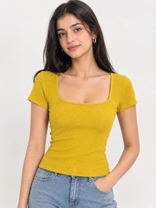 SSS Yellow Ribbed Square Neck Top