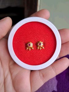Gold Stud Earrings with Red Stone