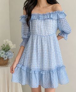 Blue Gingham Off-Shoulder Dress from AND