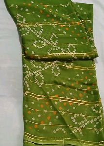 Green Bandhani Saree with Gold Stripes