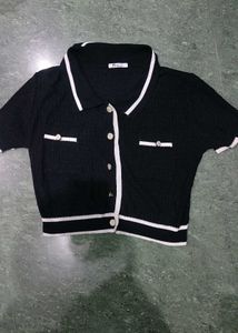 Black Cropped Collared Top