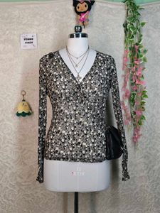 Chic Black & White Print Wrap Top