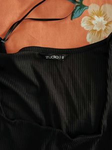 Ribbed Black Square Neck Top