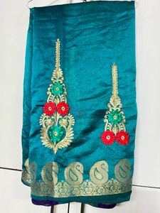Teal Embroidered Saree no blouse
