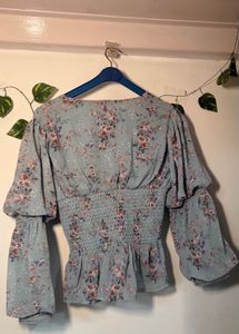 Blue Floral Smocked Peplum Top