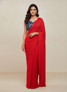 Red Ready to wear saree with violet colour Blouse