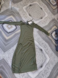 Olive Green Long Sleeve Maxi Dress with High Slit
