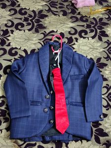 Boys Navy Blue Checkered Ethnic Suit
