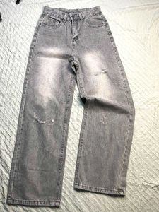 Grey Distressed Wide Leg Jeans