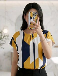 Geometric Print Blouse - Yellow & Navy