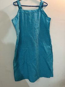 Teal Blue Checked Cotton Kurta