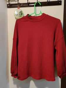 Red Ribbed Mock Neck Top