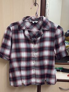 Red &amp; White Plaid Cropped Shirt
