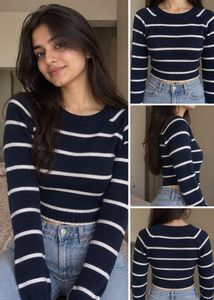 Navy & White Striped Cropped Sweater