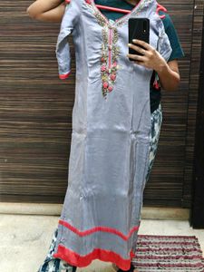 Embellished Grey Suit set with banarasi Dupatta