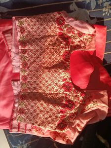 Coral Embroidered Sari Fabric