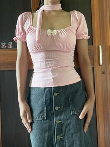 Cute Pink Puff Sleeve Top with Bow Detail