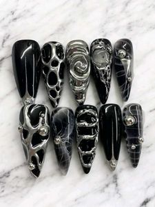 Hand made Gothic Black & Silver Press-On Nails