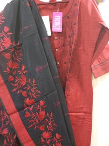 Embroidered Kurti With Dupatta And Churidar Set