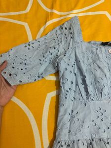 Light Blue Eyelet Square Neck Top