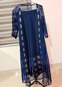 Navy Blue Kurta Set with Sheer Overlay