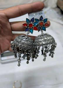 Elegant Gold Jhumka Hoop Earrings + Oxidised Both