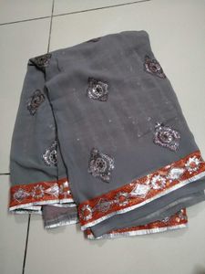 Elegant Grey Embellished Saree