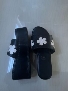 Black Wedge Sandals with Flower Design