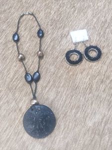 Stylish Black Pendant Necklace &amp; Earrings Set