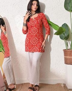 Red Bandhani Print Kurta with White Pants