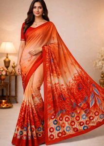 🇳🇿💫🎀Elegant Orange Floral Print Saree