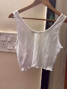 White Ribbed Lettuce Hem Crop Top