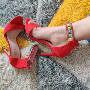Red Embellished Strappy Heels