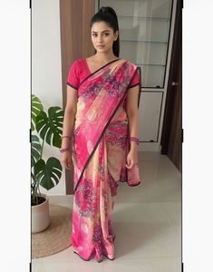 Beautiful Floral Chiffon Saree wth black lace bord