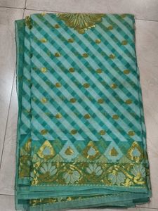 Elegant Green & Gold Checkered Saree
