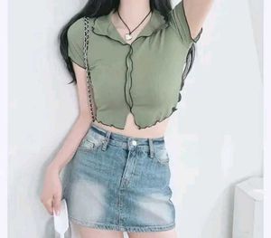 Chic Green Collar Pico Crop Top Short Sleeves