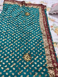Stunning Teal Saree with Golden &amp; Red Border
