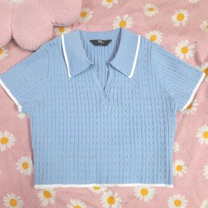 Women Braided Knit Johnny Collar Crop T-shirt