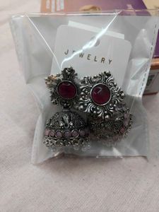 Oxidised Silver Jhumka Earrings with Red Stone