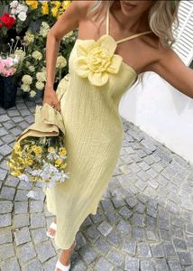 Yellow Flower Halter Neck Maxi Dress