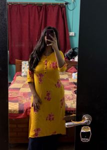 Yellow Floral Print long Kurta