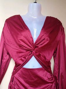 Maroon Satin Twist Front Cutout Dress