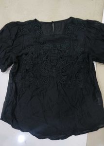 Black Lace Detail Puff Sleeve Top