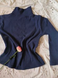 Blue Mock Neck Long Sleeve Top