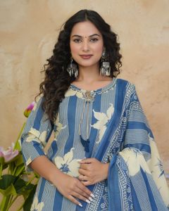 Blue Floral Striped Kurta Set