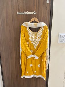 Yellow Kurta Set with White Dupatta