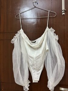 White Off-Shoulder Mesh Sleeve Bodysuit