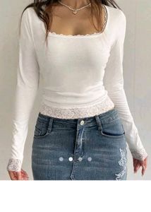 White Lace Trim Long Sleeve Top