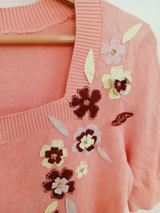 Chic Pink Floral Embroidered Square Neck Top
